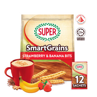 SUPER NutreMill SmartGrains Strawberry & Banana Bits, Soy-Based Wholegrain Beverage, 12 sachets